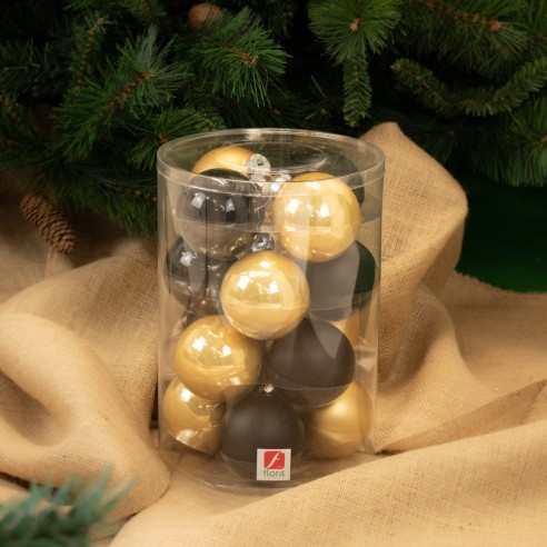Palline di Natale in vetro oro/nero Ø 8 cm conf. 16 pz ambientata