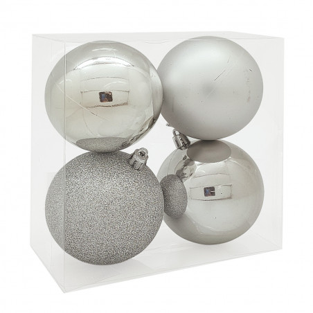 Palline di Natale in plastica argento Ø 8 cm confezione da 4 pezzi