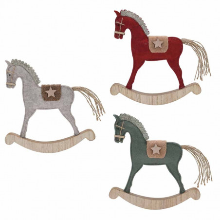 Decorazione natalizia cavallo a dondolo legno feltro 22cm assortito H&S Collection