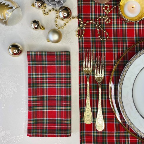 Runner natalizio Scott tartan rosso con filo lurex oro e nappe 40x145 cm