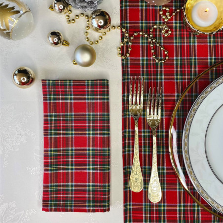 Runner natalizio Scott tartan rosso con filo lurex oro e nappe 40x145 cm