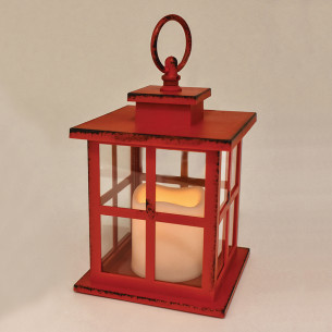 Lanterna squadrata a batteria rosso anticato con candela LED H18 cm Prequ