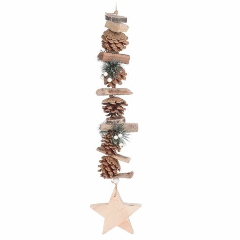 Pendente natalizio in legno naturale con pigne H55 cm stella