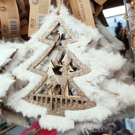 Pendente natalizio in legno con pelliccia H13 cm albero di Natale