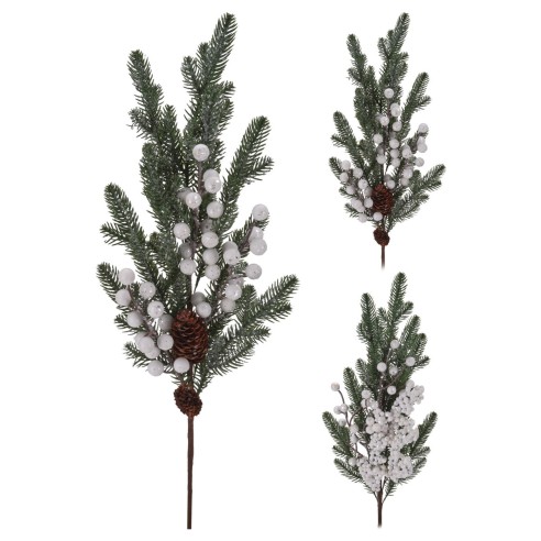 Ramo decorativo verde con pigne e bacche bianche H 60 cm assortito